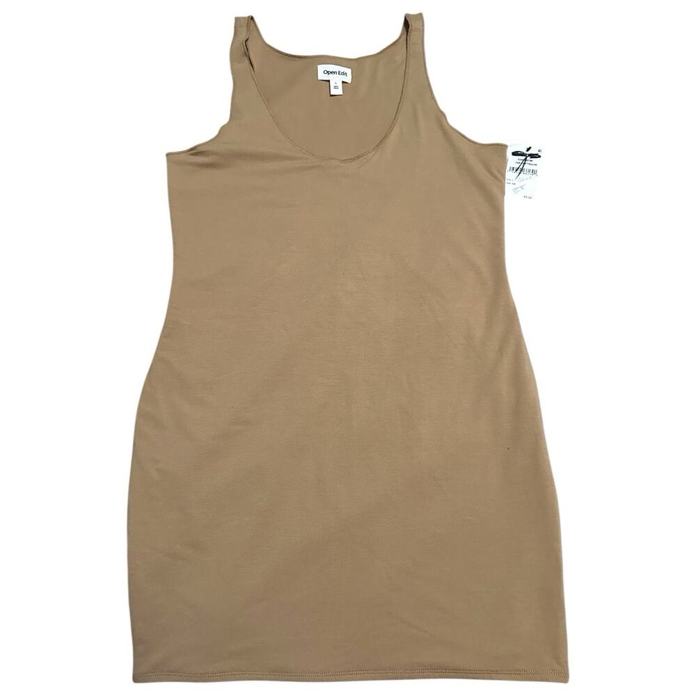 Open Edit Women’s Large Raw Edge Tank Minidress Tan Cartouche Bodycon Mini Dress
